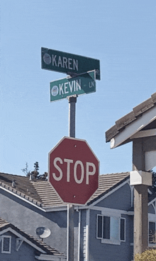 a stop sign is under a street sign that says karen and kevin