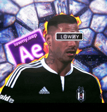 a man wearing a black adidas shirt has a sign above his eyes that says lowny ae