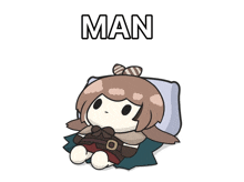 a cartoon of a girl laying on a bed with the word man above her