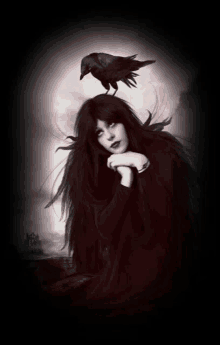 a woman with a crow on her head looks up at the moon