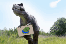 a dinosaur is holding a sign that says pepe