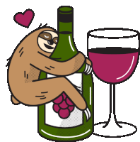 a sloth is hugging a bottle of wine and a glass of wine .