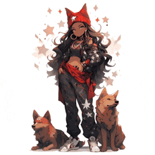 a drawing of a girl standing next to two dogs one of which says supreme