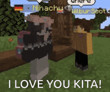 two minecraft characters are standing next to each other in a field and talking to each other .