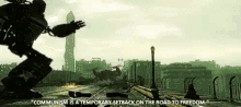 a video game scene with a robot and a quote that says communism is a temporary setback on the road to freedom