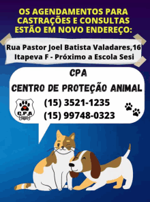 a cat and a dog are on a poster for cpa centro de protecao animal