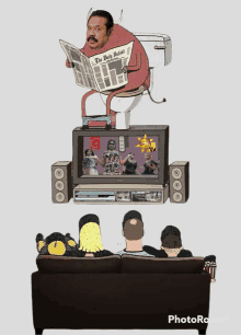 a cartoon of a man reading a newspaper while sitting on a toilet next to a tv screen