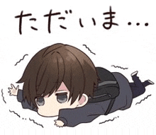 a chibi boy is laying on the ground with a backpack on his back .