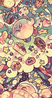 a cartoon drawing of kirby surrounded by various foods