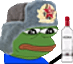 a pixel art of a frog wearing a russian hat holding a bottle of vodka .