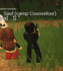 a video game character named saul is standing in the grass with a gun