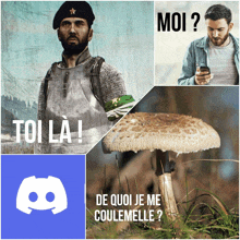 a man with a beard is standing next to a mushroom and a man looking at his phone