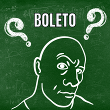 a chalkboard with a drawing of a bald man and the word boleto