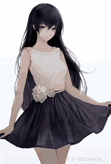 a girl with long black hair is wearing a black and white dress