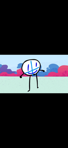 a cartoon character with a blue stripe on his face is dancing in a field .