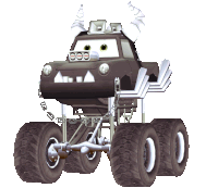 a cartoon monster truck with horns and a chain around it