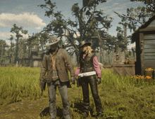 a man and a woman standing next to each other in a field in a video game