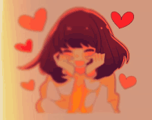 a drawing of a girl with red hearts around her