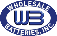 the logo for wholesale batteries inc. is blue