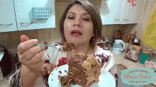 a woman is eating a slice of chocolate cake with a sign that says silvana cocina suscribete in the background