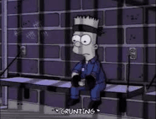 bart simpson is sitting in a prison cell behind bars .