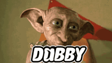 a close up of a statue with the word dobby written above it