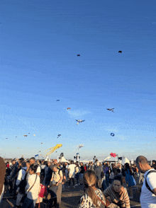 a crowd of people watching a kite festival with a blue sky in the background