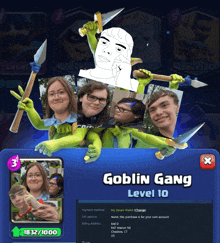 a clash of clans card that says goblin gang on it