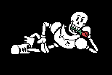 a pixel art of a skeleton laying down with a rose in its mouth .