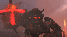 a robot with red eyes and horns is being attacked by a red light