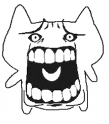 a black and white drawing of a cat 's face with its mouth wide open .