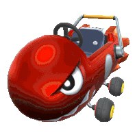 a red cartoon car with a steering wheel and a large head