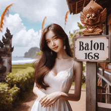 a woman in a white dress stands in front of a sign for balon 168