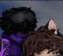 a person wearing goggles and a purple scarf is next to another person