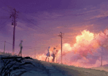 a painting of three people standing on top of a hill with a sunset in the background