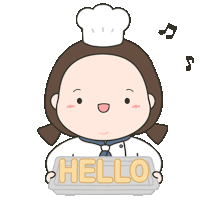 a cartoon of a chef holding a sign that says " hello "