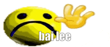 a yellow smiley face with a hand next to it and the words bai lee written on it .