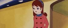 a cartoon girl in a red coat and blue scarf is standing in a room .