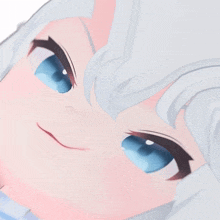 a close up of a cartoon character 's face with white hair and blue eyes