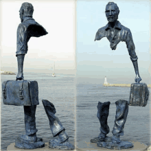 a statue of a man carrying a briefcase and another statue of a man with a broken leg