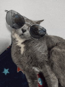 a gray cat wearing sunglasses laying on a blue blanket