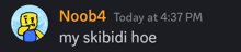 a noob4 today at 4:37 pm my skibidi hoe message