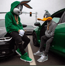 a man dressed as bugs bunny and a man dressed as daffy duck sit next to a green car