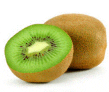 a kiwi is cut in half on a white background .