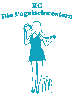 a drawing of a woman drinking from a pitcher with the words kc die pegelschwestern below her