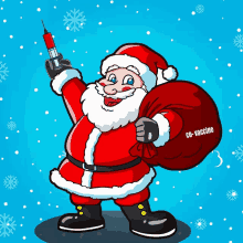 santa claus is holding a syringe and carrying a bag that says co-vaccine