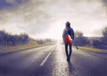 a man is walking down a road carrying a red guitar