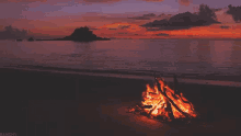 a fire is burning on a beach at sunset with the word banshy visible in the corner