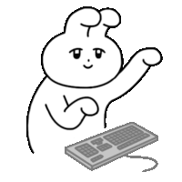 a black and white drawing of a rabbit with a keyboard