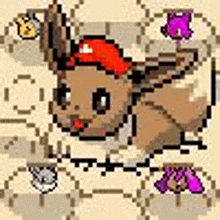 a pixel art of an eevee wearing a red hat and purple gloves .